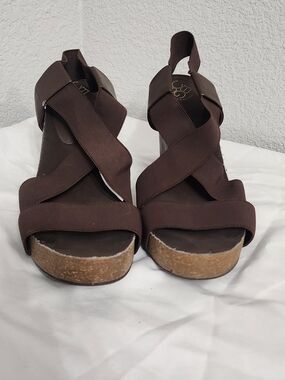 BCBGeneration Dark Brown Elastic Crossover Cork Wedge Sandals